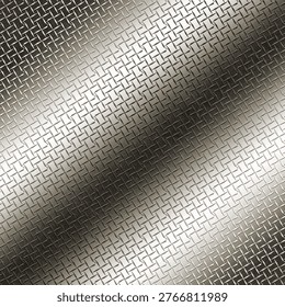 This image features a metallic surface with a woven pattern, showcasing a gradient of light and dark shades. The surface appears to be made of interlocking metal pieces, creating a textured and indust
