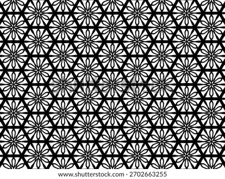 This image features a monochromatic, seamless geometric pattern using bold black lines and shapes against a bright white background.
• Structure: The most prominent feature is a continuous, thick blac