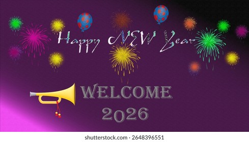 This image features new year, new year's eve, 2026, welcome, celebration, festive, fireworks, balloons. Festive Happy New Year 2026 Celebration with Fireworks and Balloons on Purple
