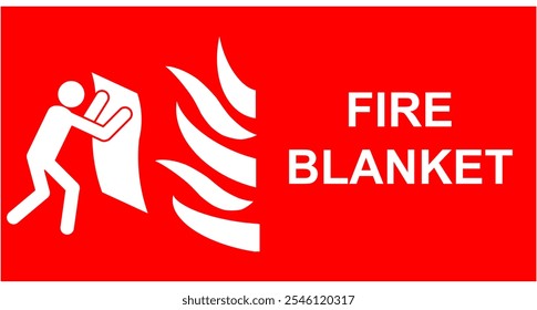 This image features a red fire safety sign with a white icon depicting a person using a fire blanket to extinguish flames. Ideal for use in emergency preparedness materials and safety signage.
