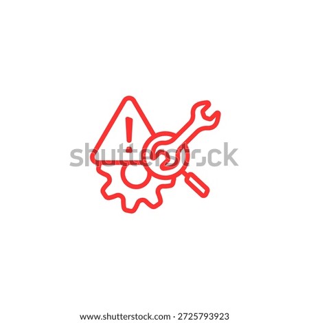 This image features a red icon depicting a maintenance alert. The icon includes a triangle with an exclamation mark inside, a gear, and a wrench, indicating the need for mechanical attention or repair.