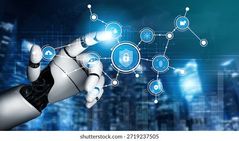 This image features a robotic hand engaging with a digital security interface, representing advanced technology and concepts of cybersecurity in a futuristic setting. Tessel