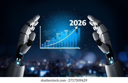 This image features robotic hands positioned around a glowing graph that illustrates significant growth trends from 2023 to 2026, symbolizing innovation and progress. Tessel - Powered by Shutterstock - Get 15% off with code: PIKWIZARD15