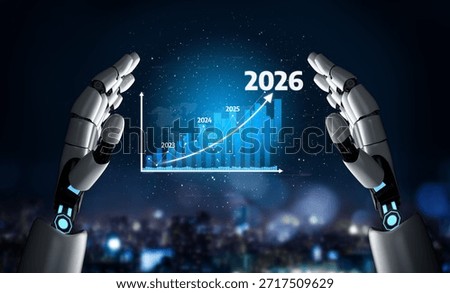 This image features robotic hands positioned around a glowing graph that illustrates significant growth trends from 2023 to 2026, symbolizing innovation and progress. Tessel