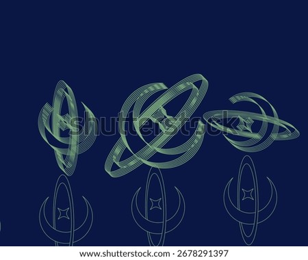 This image features a series of abstract illustrations with geometric elements resembling crescent moons and elliptical orbits, arranged in a symmetrical pattern on a dark blue background.  These shap