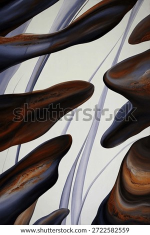 This image features a series of abstract, swirling forms in earthy tones of brown, beige, and gray. The shapes are three-dimensional and appear to be suspended in a white, minimalistic space, creating a sense of depth and movement.