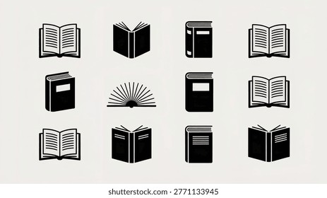 This image features a set of 10 black and white book icons, arranged in three rows of four, on a plain background. The icons depict various views of books, including open and closed, with different styles of pages and bindings. The simple and modern design makes it suitable for use in educational or literary contexts.