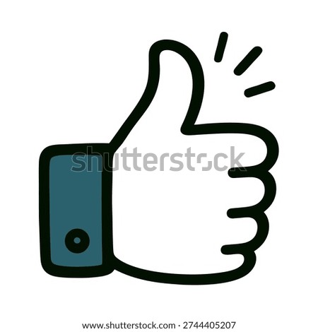 This image features a simple, stylized graphic of a hand giving a thumbs up. The hand is depicted in a flat, two-dimensional style with a dark blue sleeve and a light beige skin tone. The thumb is raised, and there is a sparkle effect emanating from the top of the thumb, adding a dynamic and positive element to the image. The overall design is clean and modern, making it versatile for various uses such as social media, presentations, or promotional materials.
