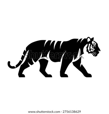 This image features a striking black silhouette of a tiger captured mid-stride, showcasing its elegant posture and powerful movement. The bold contrast against the white background highlights the animal's muscular build, striped pattern, and dynamic stance, emphasizing both its wild beauty and ferocity.