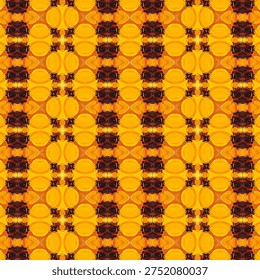 This image features a stunning and intricate pattern of yellow and orange hues with dark accents, creating a mesmerizing visual effect. The geometric shapes and abstract design elements come together to form a vibrant and energetic composition that is both artistic and creative. The symmetry and repetition of the pattern create a sense of dynamic motion, making it a truly eye-catching and detailed image.
