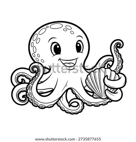 This image features a stylized, black-and-white line drawing of a cartoon octopus. The octopus has a round, smiling face with large, expressive eyes and is depicted waving one of its tentacles. It has a simple, rounded body with textured skin details, giving it a cute and friendly appearance. The drawing is clean and whimsical, suitable for children's illustrations or playful designs.