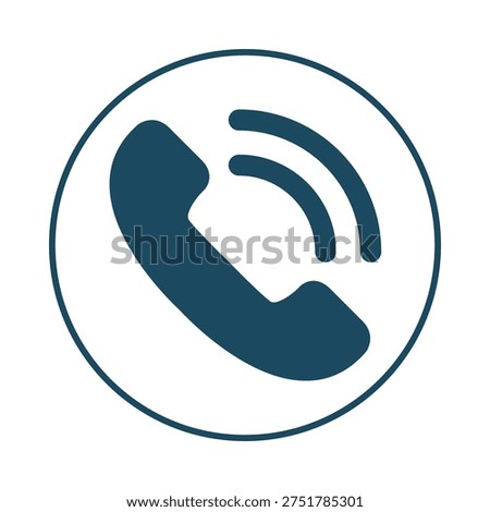 This image features a stylized blue telephone icon placed inside a circle. The icon includes a handset and a signal wave emanating from the base, symbolizing communication and connectivity.