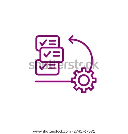 This image features a stylized set of checkmarks and a gear icon in a vibrant purple color. The design is modern and clean, with a flat, two-dimensional style. The checkmarks are stacked vertically, with the gear icon positioned to the right, connected by a curved arrow. The image is isolated on a white background, making it versatile for various commercial uses, such as presentations, websites, or marketing materials.
