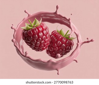 This image features two raspberries surrounded by a splash of pink liquid on a pink background. The raspberries are ripe and juicy, with green leaves on top. The pink liquid appears to be splashing around the berries, creating a fun and playful atmosphere. The image is perfect for use in advertising, marketing, or editorial content related to food, health, and wellness.