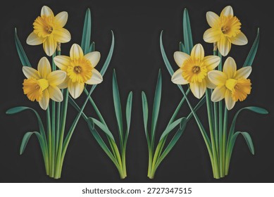 This image features two symmetrical clusters of vibrant yellow daffodils with green stems and leaves, set against a stark black background. The flowers are arranged in a visually appealing manner, highlighting their delicate petals and central trumpets.