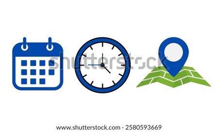This image features a vector-style illustration of blue calendar, clock, and location icons