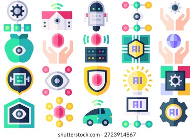 This image features a vibrant collection of icons that symbolize various aspects of artificial intelligence and technology. The icons are arranged in a grid and showcase a range of themes, from robotics and machine learning to data analysis and cybersecurity. The use of bright colors and simple shapes makes the image visually appealing and easy to understand. The icons can be used to represent different concepts and ideas in the field of AI and technology, making it a useful resource for designers, developers, and researchers.
