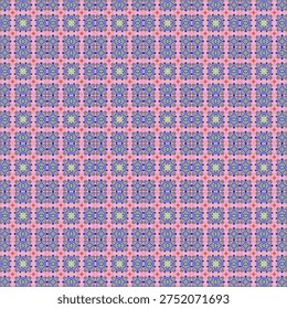 This image features a vibrant and intricate geometric pattern with repeating shapes and colors. The design is abstract and visually striking, with a mesmerizing rhythm and symmetry. The use of pink, purple, blue, yellow, and green creates a beautiful and captivating visual effect, making this image perfect for decorative or artistic purposes.