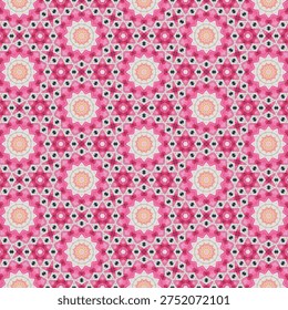 This image features a vibrant pink and white floral pattern with intricate designs and shapes. The repeating geometric pattern creates a mesmerizing visual effect, making it perfect for use in decorative arts, fabric design, or as a background element. The beautiful and elegant design is sure to captivate and delight, adding a touch of sophistication and style to any project.