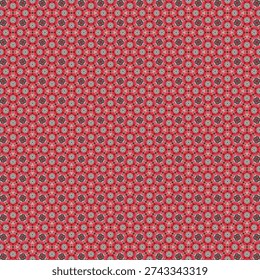 This image features a vibrant red fabric with a repeating pattern of small blue and gray flowers. The intricate design showcases a beautiful blend of colors and textures, making it perfect for use in various creative projects such as sewing, quilting, or interior design. The fabric's bold and lively appearance adds a touch of elegance and sophistication to any setting.
