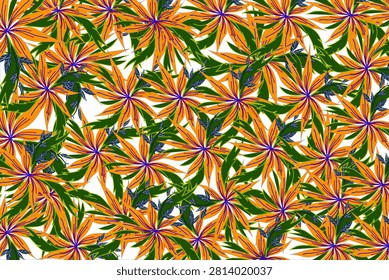 This image features a vibrant, seamless floral pattern with large orange flowers spread evenly across a white background. Each flower has long, pointed petals accented with thin purple and red lines radiating from the center. The flowers are surrounded by lush green leaves and smaller dark blue-gray leaves, creating a rich tropical feel. The overlapping arrangement gives the design a lively, dense, and decorative appearance, making it suitable for use as fabric, wallpaper, gift wrapping, or other surface designs.