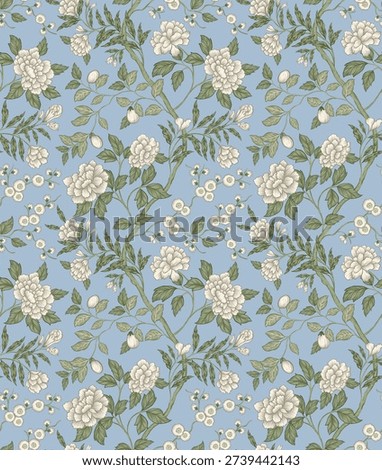 This image features a vintage-style seamless floral pattern often used for high-quality fabrics and wallpapers. 