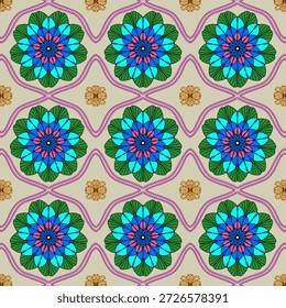 This image is a floral seamless pattern featuring large, kaleidoscopic flower mandalas in shades of green, cyan, and magenta. The flowers are framed by wavy purple chains that create a rhythmic lattice across a neutral beige background. Small, golden filigree ornaments are placed in the centers of the lattice, adding a touch of luxury and contrast to the design.