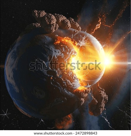 This image illustrates the collision between Earth and Theia, theorized to have formed the Moon around 4.5 billion years ago