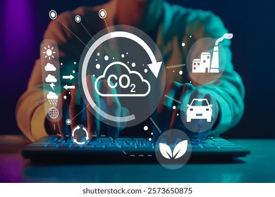 This image illustrates the intersection of technology and climate change, emphasizing carbon emissions and sustainability in modern society through digital concepts.