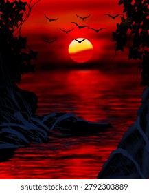 This image portrays a vivid and dramatic sunset (or sunrise) over a body of water, rendered in rich shades of red and black.

 A large glowing sun hangs low above the horizon, radiating warm yellow, orange, and red tones.
 The water reflects the sun's intense colors, creating shimmering highlights across the rippling surface.
 Dark silhouettes of trees, branches, and rocky shoreline frame the scene on both sides, adding depth and contrast.
Several birds fly across the sky in silhouette, their wings spread wide as they pass in front of the glowing backdrop.
The sky is filled with deep crimson hues and soft cloud bands, enhancing the dramatic atmosphere.
The foreground rocks and vegetation appear almost black against the brilliant water and sky.

The overall mood is bold, powerful, and slightly mysterious. The strong contrast between the fiery sunset and the dark silhouettes creates a striking and artistic landscape that captures the beauty of nature at dusk.
