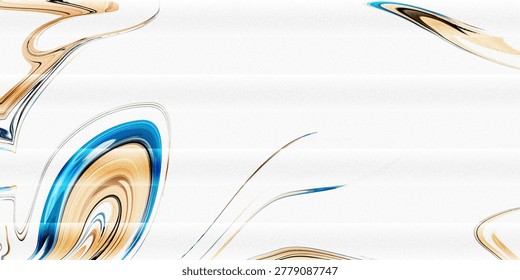 This image presents an abstract art piece featuring gold and blue swirling patterns isolated on a pure white background, exuding elegance and sophistication.