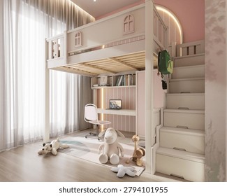This image presents a charming children's bedroom designed around a loft bed and study area combination, with a soft pastel color palette and a cozy, playful atmosphere.