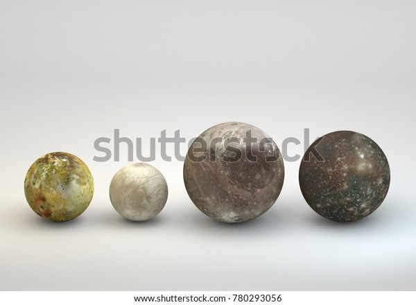 This\
image represents the comparison between the moons of Jupiter in\
size comparison in a precise scientific\
design.