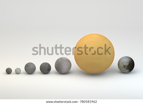 This\
image represents the comparison between the moons of Saturn in size\
comparison in a precise and scientific design. The position is in\
order of distant from planet.This is a 3d\
rendering.
