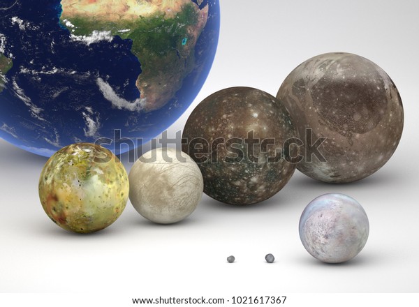 This image represents the size comparison\
between Neptune and Jupiter moons with Earth and in a precise and\
scientific design.This is a 3d\
rendering.