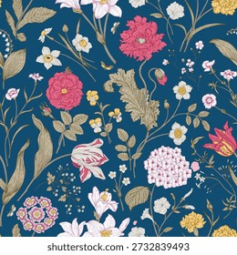 This image is a seamless floral pattern featuring bouquets of pink roses and smaller pink flowers with green leaves on a striking black background. The vibrant pink flowers offer a bold, eye-catching contrast to the dark backdrop, highlighting the intricate details of the bloom. 