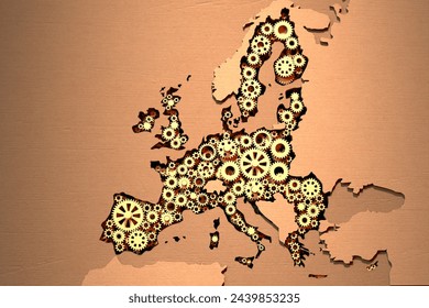This image showcases an artistic rendering of Europe's map constructed from interlocking gears on a rustic wooden background, symbolizing industrial progress and connectivity.