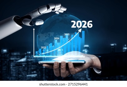 This image showcases a blend of technology and human collaboration, featuring a robotic arm alongside a human hand, presenting future growth projections from 2023 to 2026. Tessel - Powered by Shutterstock - Get 15% off with code: PIKWIZARD15