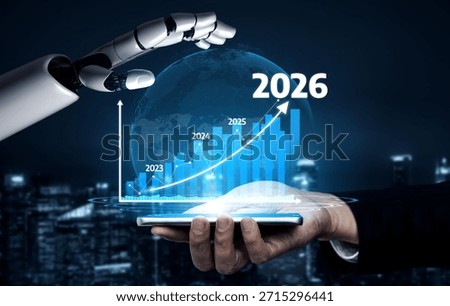 This image showcases a blend of technology and human collaboration, featuring a robotic arm alongside a human hand, presenting future growth projections from 2023 to 2026. Tessel