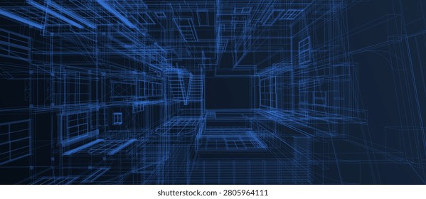 This image showcases a complex, futuristic digital wireframe architecture, illustrating the intricacies of modern cyber structures and network designs. The precise blue lines form an intricate grid, creating a virtual environment that highlights the intersection of technology and architecture. Ideal for presentations, websites, and educational materials related to digital architecture, IT infrastructure, and network design, this image effectively communicates the concept of advanced cyber spaces and digital frameworks.