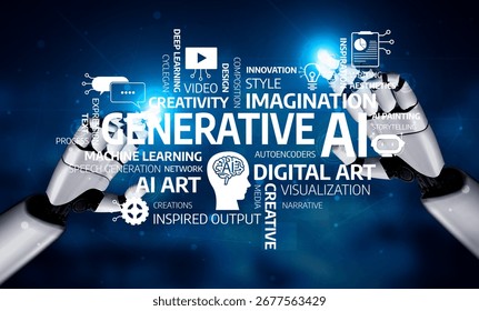 This image showcases the concept of generative AI with robotic hands, emphasizing creativity, technology, and innovation in digital art and design. Tessel