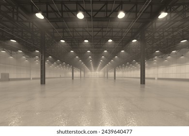 This image showcases an expansive, empty industrial warehouse interior with a high ceiling, reflective flooring, and bright overhead hanging lights, symbolizing vast logistic operations.