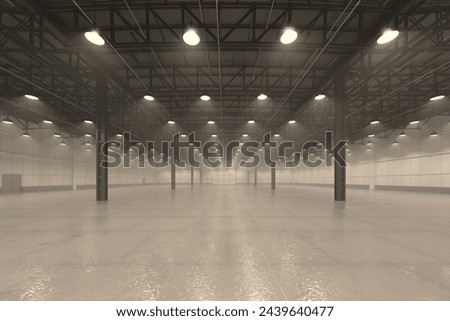 This image showcases an expansive, empty industrial warehouse interior with a high ceiling, reflective flooring, and bright overhead hanging lights, symbolizing vast logistic operations.