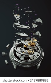 This image showcases an exploded view of a mechanical watch's components, meticulously arranged in mid-air, illustrating the art of horology against a stark dark backdrop.