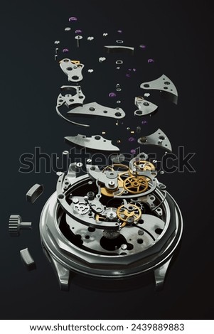 This image showcases an exploded view of a mechanical watch's components, meticulously arranged in mid-air, illustrating the art of horology against a stark dark backdrop.