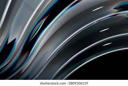 This image showcases a mesmerizing abstract art piece with curved lines, rainbow colors, and a metallic sheen on a black background, creating a sense of depth and visual interest with reflective surfa