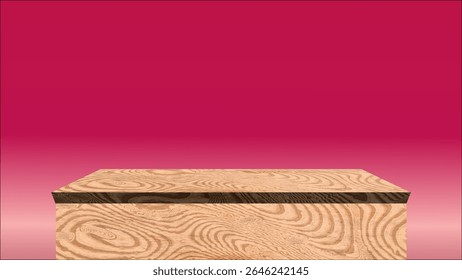 This image showcases a simple, rectangular wooden platform against a deep pink backdrop.