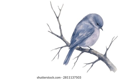 This image showcases a small blue bird delicately perched on a slender, leafless branch. The bird faces right, with subtle watercolor textures enhancing the serene and artistic feel of.