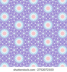 This image showcases a stunning geometric pattern featuring pastel flowers on a rich purple background. The intricate design is perfect for adding a touch of elegance and sophistication to any project. The vibrant colors and playful shapes create a mesmerizing visual effect that is both soothing and delightful.