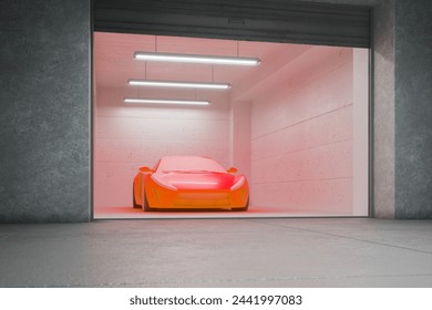 This image showcases a vibrant red sports car parked in a sleek garage, highlighting its luxury and modern design against a backdrop of ambient, futuristic lighting.